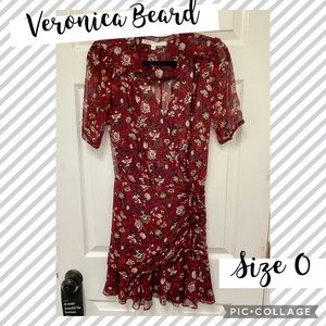 Veronica Beard size 0 silk red floral dress with ruching detail